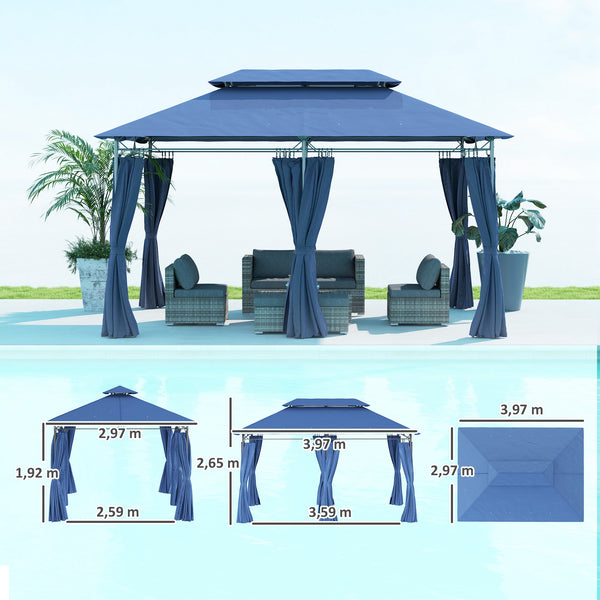Tonnelle de jardin extérieur 3x4m, 6 colonnes en métal - pavillon de jardin avec double toit respirant - barnum 12 oeillets de drainage et abri solaire pour terrasse & événements, bleu foncé