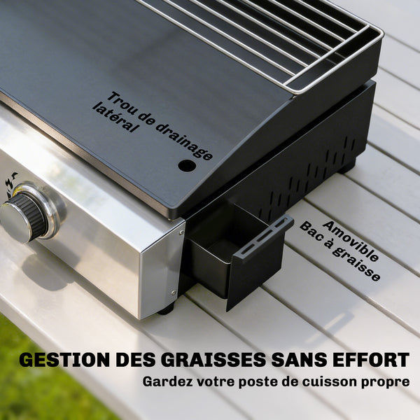 Plancha Gaz avec 3 brûleurs en Acier Inoxydable, 7,5 kW, Barbecue à Gaz avec Plaque Émaillée Résistante à Chaleur et Facile à Nettoyer, Barbecue de Table avec Grille de Réchauffage, Noir