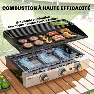 Plancha Gaz avec 3 brûleurs en Acier Inoxydable, 7,5 kW, Barbecue à Gaz avec Plaque Émaillée Résistante à Chaleur et Facile à Nettoyer, Barbecue de Table avec Grille de Réchauffage, Noir