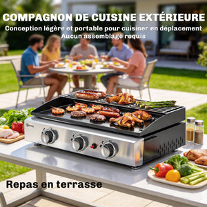 Plancha Gaz avec 3 brûleurs en Acier Inoxydable, 7,5 kW, Barbecue à Gaz avec Plaque Émaillée Résistante à Chaleur et Facile à Nettoyer, Barbecue de Table avec Grille de Réchauffage, Noir