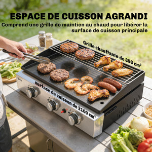 Plancha Gaz avec 3 brûleurs en Acier Inoxydable, 7,5 kW, Barbecue à Gaz avec Plaque Émaillée Résistante à Chaleur et Facile à Nettoyer, Barbecue de Table avec Grille de Réchauffage, Noir