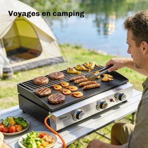 Plancha Gaz avec 3 brûleurs en Acier Inoxydable, 7,5 kW, Barbecue à Gaz avec Plaque Émaillée Résistante à Chaleur et Facile à Nettoyer, Barbecue de Table avec Grille de Réchauffage, Noir