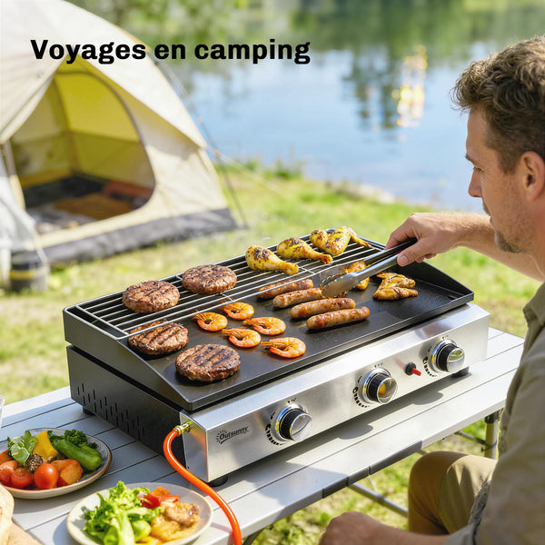 Plancha Gaz avec 3 brûleurs en Acier Inoxydable, 7,5 kW, Barbecue à Gaz avec Plaque Émaillée Résistante à Chaleur et Facile à Nettoyer, Barbecue de Table avec Grille de Réchauffage, Noir