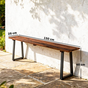 Banc de Jardin en Bois de Sapin, Sans Dossier, Industriel, Banc d'extérieur 2 Places à Effet Bois, Pieds trapézoïdaux en Acier, pour Patio Balcon Parc, Capacité 240 kg, 150x28x48cm, Carbonisé