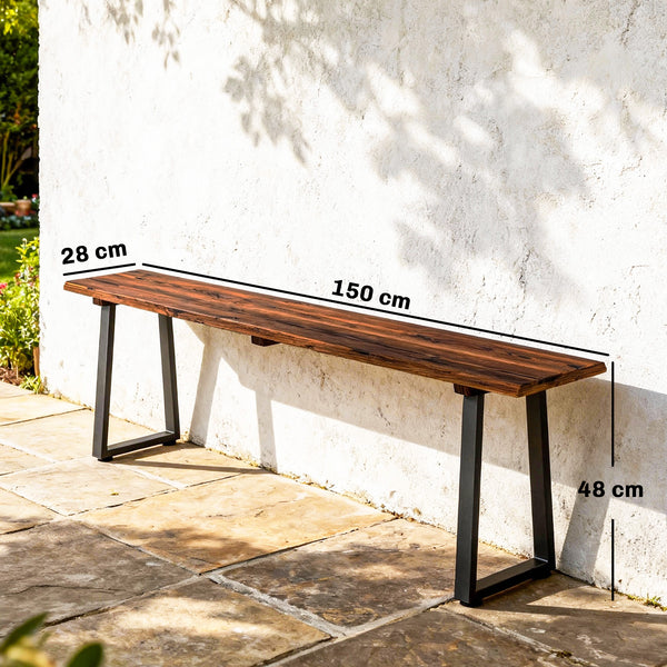 Banc de Jardin en Bois de Sapin, Sans Dossier, Industriel, Banc d'extérieur 2 Places à Effet Bois, Pieds trapézoïdaux en Acier, pour Patio Balcon Parc, Capacité 240 kg, 150x28x48cm, Carbonisé