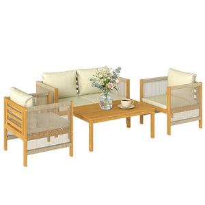 Ensemble de mobilier de jardin en bois pour 4 personnes salon de jardin avec canapé 2 places 2 fauteuils table tressée design à lames coussins lavables, mobilier d'extérieur balcon terrasse pour jardin balcon Beige