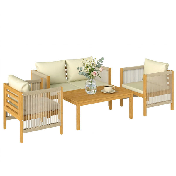 Ensemble de mobilier de jardin en bois pour 4 personnes salon de jardin avec canapé 2 places 2 fauteuils table tressée design à lames coussins lavables, mobilier d'extérieur balcon terrasse pour jardin balcon Beige