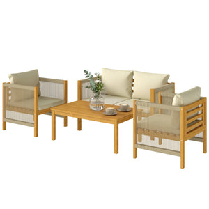 Ensemble de mobilier de jardin en bois pour 4 personnes salon de jardin avec canapé 2 places 2 fauteuils table tressée design à lames coussins lavables, mobilier d'extérieur balcon terrasse pour jardin balcon Beige