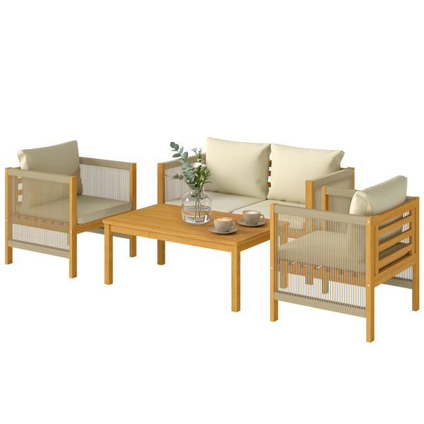 Ensemble de mobilier de jardin en bois pour 4 personnes salon de jardin avec canapé 2 places 2 fauteuils table tressée design à lames coussins lavables, mobilier d'extérieur balcon terrasse pour jardin balcon Beige