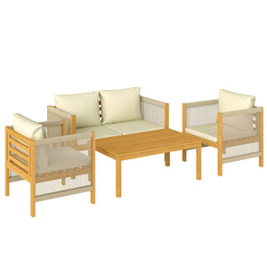 Ensemble de mobilier de jardin en bois pour 4 personnes salon de jardin avec canapé 2 places 2 fauteuils table tressée design à lames coussins lavables, mobilier d'extérieur balcon terrasse pour jardin balcon Beige