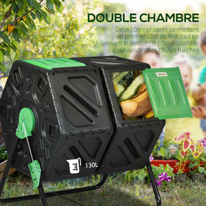 Composteur de jardin - bac à compost pour déchets - rotatif 360° - double chambre 130 L - acier PP noir