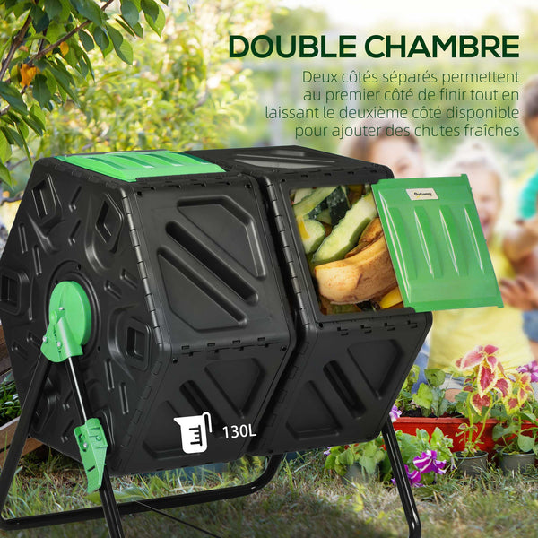 Composteur de jardin - bac à compost pour déchets - rotatif 360° - double chambre 130 L - acier PP noir