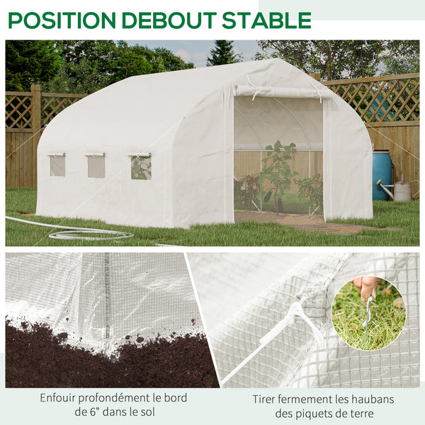 Serre de jardin tunnel, 10,4 m², serre de jardin, anti-UV, porte zippée enroulable, fenêtres en maille, tube d'acier galvanisé et PE 140g/㎡, 350 x 300 x 200 cm, blanc