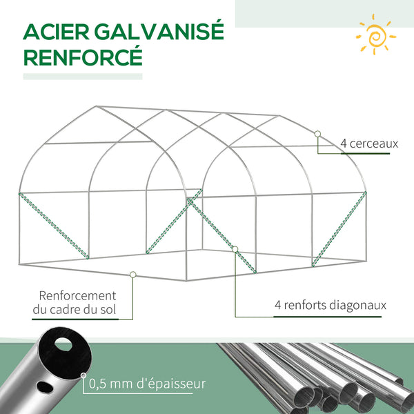 Serre de jardin tunnel, 10,4 m², serre de jardin, anti-UV, porte zippée enroulable, fenêtres en maille, tube d'acier galvanisé et PE 140g/㎡, 350 x 300 x 200 cm, blanc