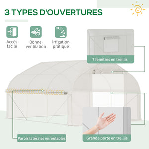 Serre de jardin tunnel, 10,4 m², serre de jardin, anti-UV, porte zippée enroulable, fenêtres en maille, tube d'acier galvanisé et PE 140g/㎡, 350 x 300 x 200 cm, blanc