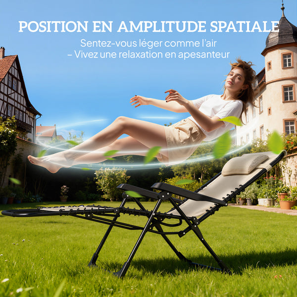 Lot de 2 bain de soleil, chaise longue pliante avec appuie-tête en textilène, transat jardin extérieur inclinable de plage camping piscine terrasse, 90 x 65 x 112 cm, beige