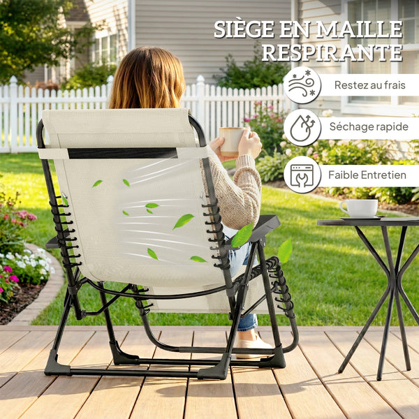 Lot de 2 bain de soleil, chaise longue pliante avec appuie-tête en textilène, transat jardin extérieur inclinable de plage camping piscine terrasse, 90 x 65 x 112 cm, beige