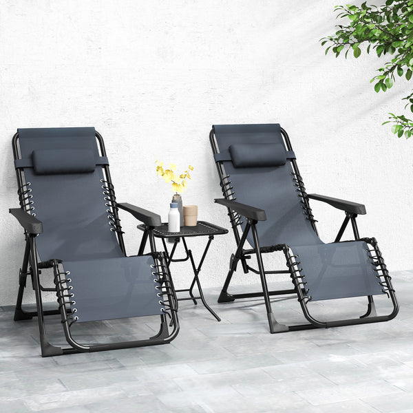 Lot de 2 chaise longue pliable et inclinable avec table d'appoint, fauteuil relax jardin de gravité zéro transat bain de soleil avec porte-gobelets et appuie-tête, charge 120 kg, gris