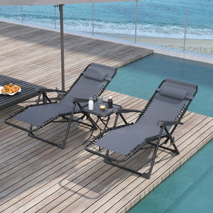 Lot de 2 chaise longue pliable et inclinable avec table d'appoint, fauteuil relax jardin de gravité zéro transat bain de soleil avec porte-gobelets et appuie-tête, charge 120 kg, gris