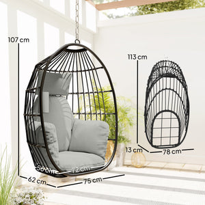 Fauteuil suspendu, fauteuil œuf suspendu, chaise hamac balançoire - panier pliable, coussins rembourrés, porte-gobelet, oreiller, pour intérieur et extérieur, capacité de 120 kg, gris foncé