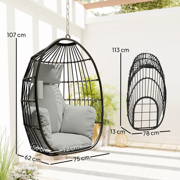 Fauteuil suspendu, fauteuil œuf suspendu, chaise hamac balançoire - panier pliable, coussins rembourrés, porte-gobelet, oreiller, pour intérieur et extérieur, capacité de 120 kg, gris foncé