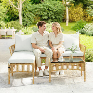 Salon de jardin extérieur d'angle 4 places en résine tressée, canapé 2 places, chaise longue, table basse, plateau en verre trempé et coussins, mobilier de jardin, terrasse, patio, crème
