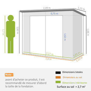 Abri de Jardin en Métal 3 m², Cabane de Jardin 249x121x183cm, Structure en Acier Galvanisé Améliorée, Cabanon Rangement Outils, Gants, Portes Verrouillables, Aérations, Gris Clair