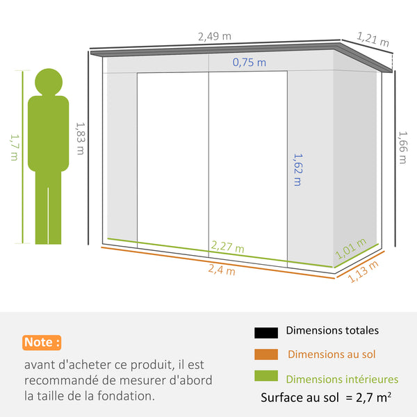 Abri de Jardin en Métal 3 m², Cabane de Jardin 249x121x183cm, Structure en Acier Galvanisé Améliorée, Cabanon Rangement Outils, Gants, Portes Verrouillables, Aérations, Gris Clair