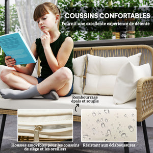 Canapé de jardin avec coussins et oreillers 2 places en résine tressée, canapé d'extérieur avec accoudoirs, cadre en acier galvanisé pour balcon, beige