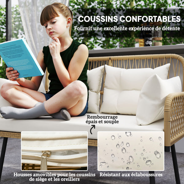 Canapé de jardin avec coussins et oreillers 2 places en résine tressée, canapé d'extérieur avec accoudoirs, cadre en acier galvanisé pour balcon, beige