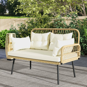 Canapé de jardin avec coussins et oreillers 2 places en résine tressée, canapé d'extérieur avec accoudoirs, cadre en acier galvanisé pour balcon, beige