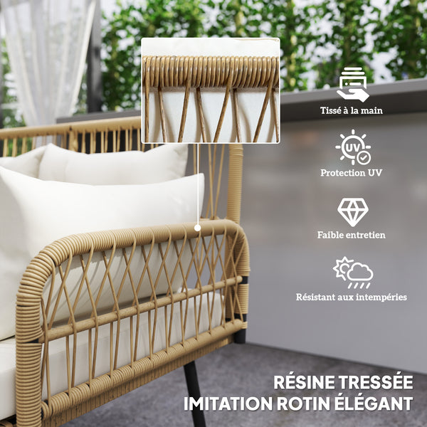 Canapé de jardin avec coussins et oreillers 2 places en résine tressée, canapé d'extérieur avec accoudoirs, cadre en acier galvanisé pour balcon, beige