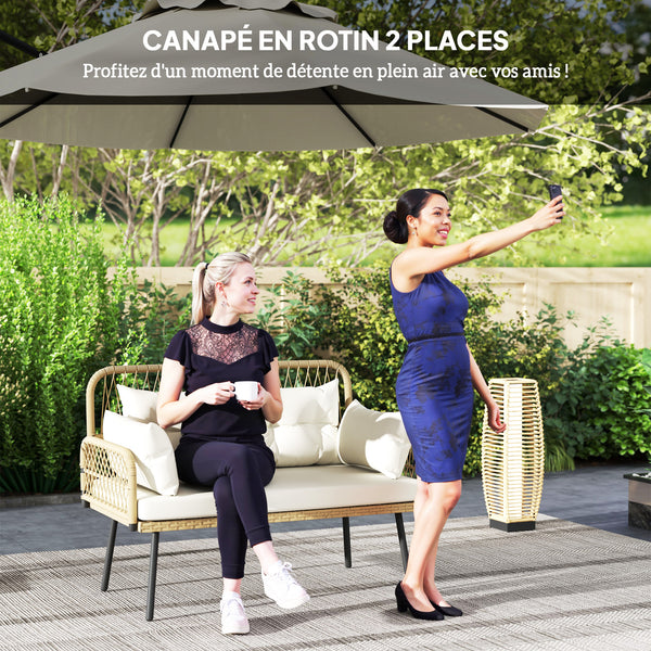 Canapé de jardin avec coussins et oreillers 2 places en résine tressée, canapé d'extérieur avec accoudoirs, cadre en acier galvanisé pour balcon, beige