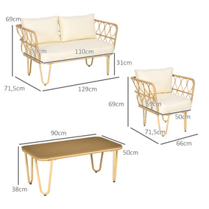 Ensemble salon de jardin 4 pièces canapé 2 places + 2 fauteuils + 1 table basse plateau verre trempé 7 coussins - métal et résine tressée - écru