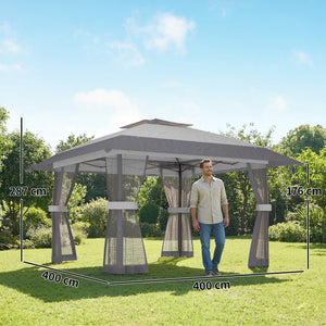 Tonnelle de jardin 4 x 4 m pop up tente pliante réglable en hauteur protection UV30+ tonnelle pliante avec double toit 4 parois en maille 4 sacs de sable sac de transport montage facile gris