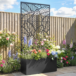 Jardinière avec treillis, bac à fleurs, lit surélevé avec brise-vue, pour plantes grimpantes, légumes, métal, intérieur et extérieur, 90 x 30 x 170 cm, noir