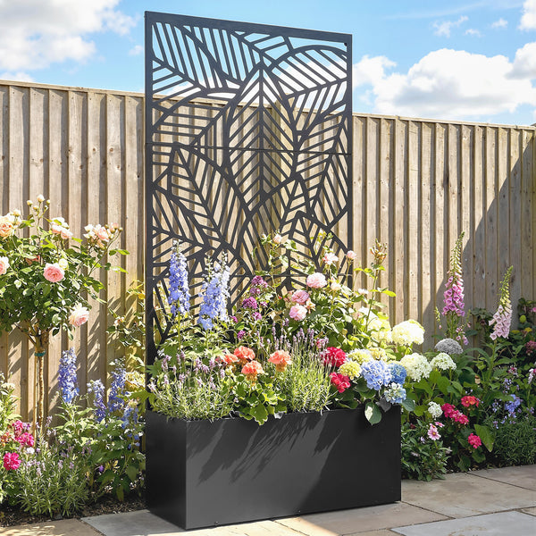 Jardinière avec treillis, bac à fleurs, lit surélevé avec brise-vue, pour plantes grimpantes, légumes, métal, intérieur et extérieur, 90 x 30 x 170 cm, noir