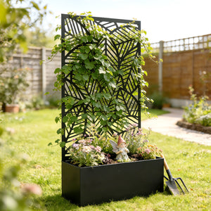 Jardinière avec treillis, bac à fleurs, lit surélevé avec brise-vue, pour plantes grimpantes, légumes, métal, intérieur et extérieur, 90 x 30 x 170 cm, noir