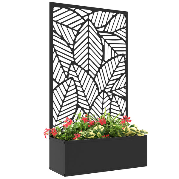 Jardinière avec treillis, brise-vue paravent, jardinière extérieure métal sur pieds ou murale, motif de grandes feuilles, bac à fleurs rectangulaire balcon terrasse, 61x23x113cm, noir