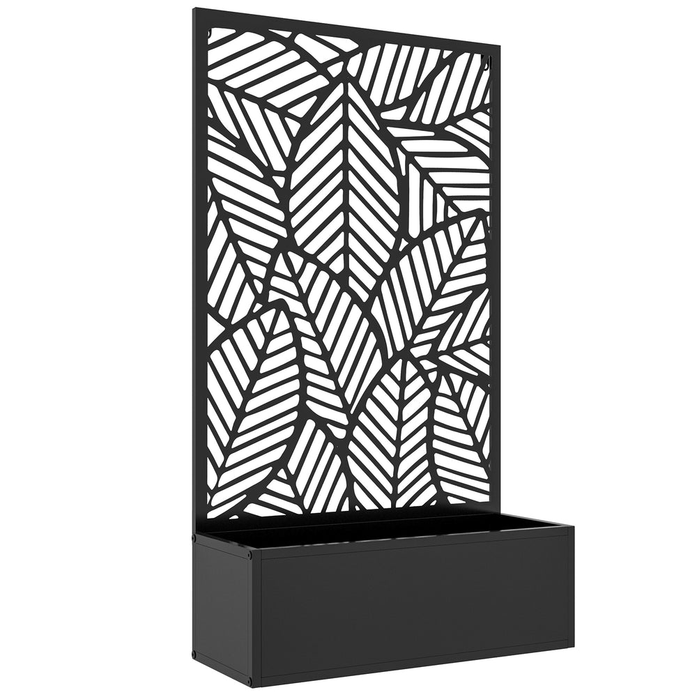 Jardinière avec treillis, brise-vue paravent, jardinière extérieure métal sur pieds ou murale, motif de grandes feuilles, bac à fleurs rectangulaire balcon terrasse, 61x23x113cm, noir