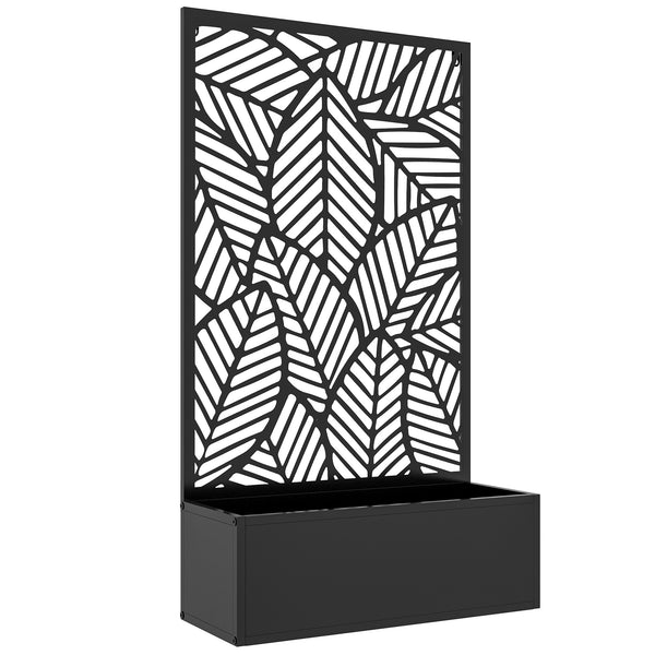 Jardinière avec treillis, brise-vue paravent, jardinière extérieure métal sur pieds ou murale, motif de grandes feuilles, bac à fleurs rectangulaire balcon terrasse, 61x23x113cm, noir