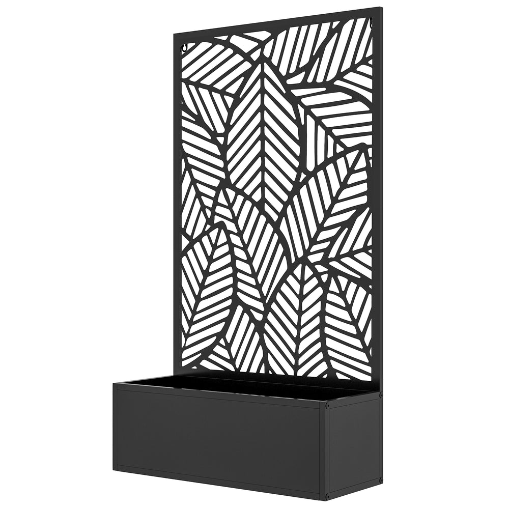 Jardinière avec treillis, brise-vue paravent, jardinière extérieure métal sur pieds ou murale, motif de grandes feuilles, bac à fleurs rectangulaire balcon terrasse, 61x23x113cm, noir