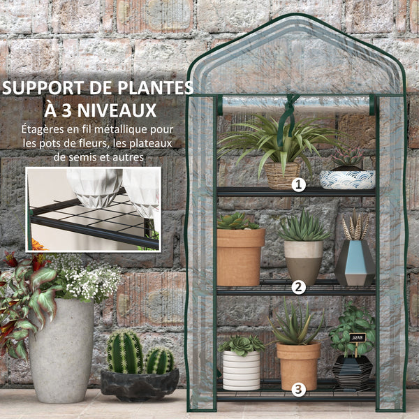 Serre de jardin avec étagères 3 niveaux, serre de balcon, bâche renforcée PVC, châssis en acier, porte zippée enroulable, pour légumes plantes fleurs, 59 x 39 x 127 cm, transparent