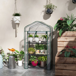 Serre de jardin avec étagères 3 niveaux, serre de balcon, bâche renforcée PVC, châssis en acier, porte zippée enroulable, pour légumes plantes fleurs, 59 x 39 x 127 cm, transparent