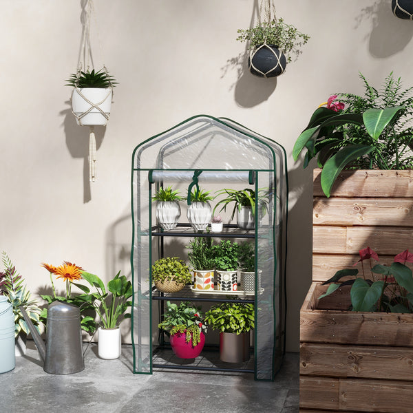 Serre de jardin avec étagères 3 niveaux, serre de balcon, bâche renforcée PVC, châssis en acier, porte zippée enroulable, pour légumes plantes fleurs, 59 x 39 x 127 cm, transparent