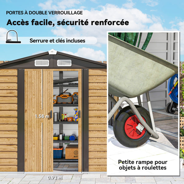 Abri de jardin en métal 2,36 m², cabane de jardin exterieur en acier galvanisé facile à monter, avec kit de fondation, portes doubles avec serrure abri à outils extérieur 213x120x194cm chêne