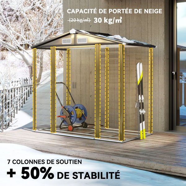 Abri de jardin en métal 2,36 m², cabane de jardin exterieur en acier galvanisé facile à monter, avec kit de fondation, portes doubles avec serrure abri à outils extérieur 213x120x194cm chêne