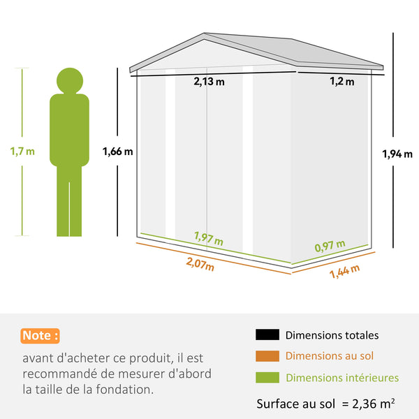 Abri de jardin en métal 2,36 m², cabane de jardin exterieur en acier galvanisé facile à monter, avec kit de fondation, portes doubles avec serrure abri à outils extérieur 213x120x194cm chêne
