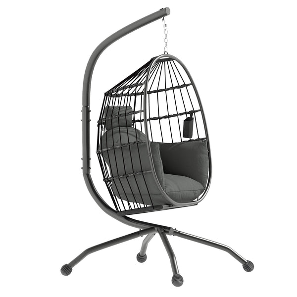 Fauteuil suspendu, fauteuil oeuf suspendu panier pliable, chaise hamac balançoire, avec coussin rembourré, oreiller, porte-gobelet, pour intérieur et extérieur, gris foncé