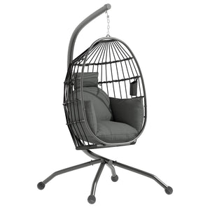 Fauteuil suspendu, fauteuil oeuf suspendu panier pliable, chaise hamac balançoire, avec coussin rembourré, oreiller, porte-gobelet, pour intérieur et extérieur, gris foncé